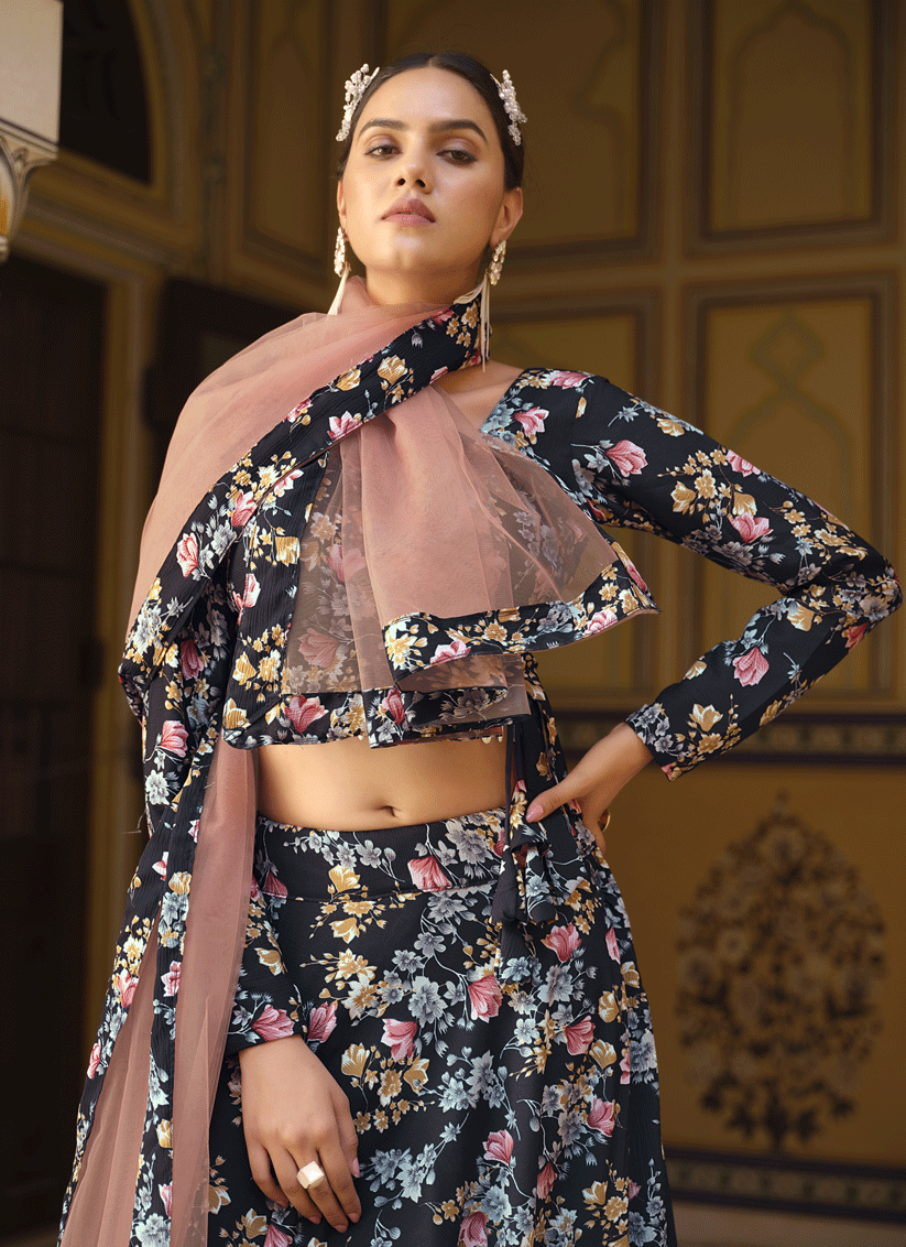 Black Silk Floral Printed Lehenga Choli