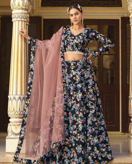 Black Silk Floral Printed Lehenga Choli