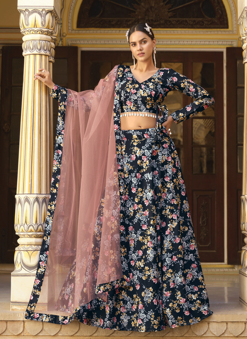 Black Silk Floral Printed Lehenga Choli