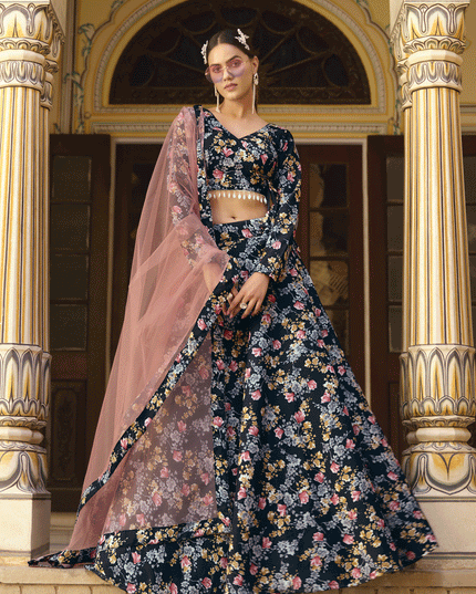 Black Silk Floral Printed Lehenga Choli
