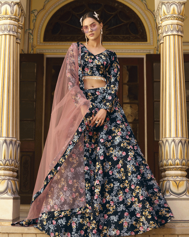 Black Silk Floral Printed Lehenga Choli