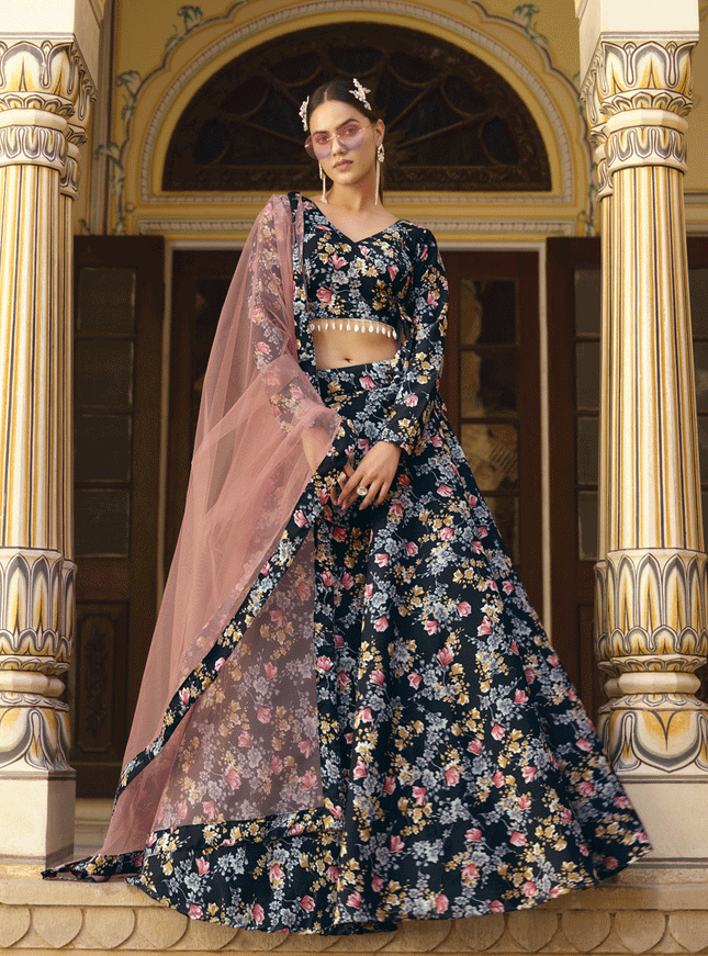 Black Silk Floral Printed Lehenga Choli