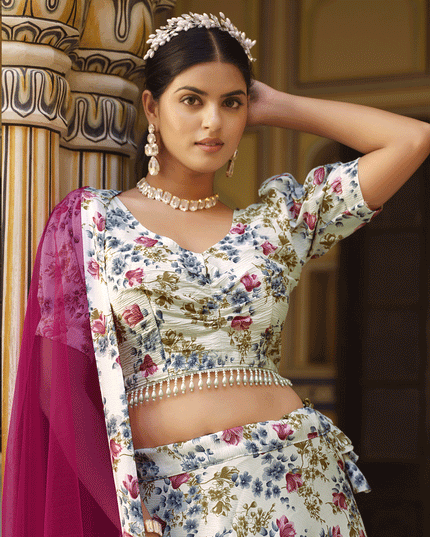 White Silk Floral Printed Lehenga Choli