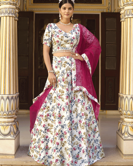 White Silk Floral Printed Lehenga Choli