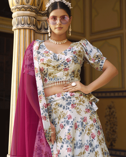 White Silk Floral Printed Lehenga Choli