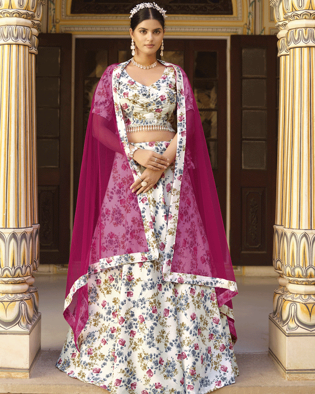 White Silk Floral Printed Lehenga Choli