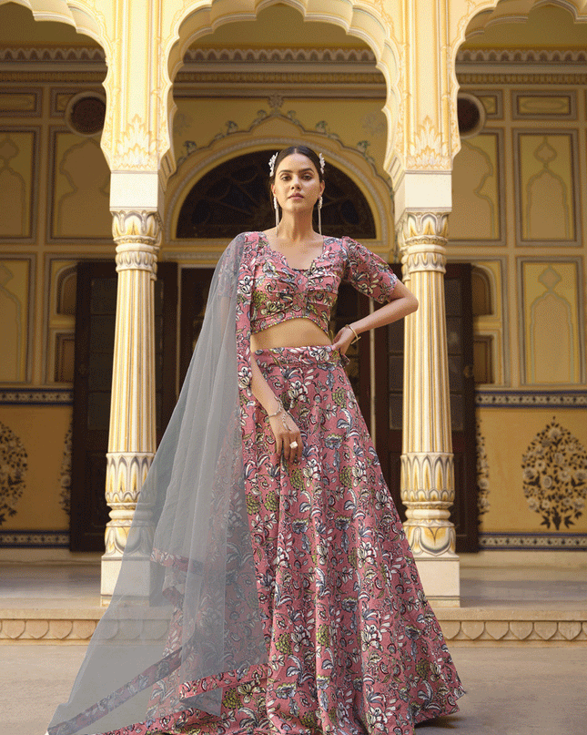 Dusty Pink Silk Floral Printed Lehenga Choli
