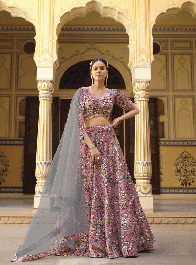 Dusty Pink Silk Floral Printed Lehenga Choli