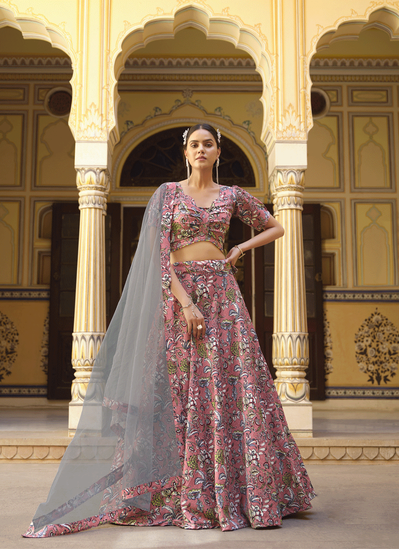 Dusty Pink Silk Floral Printed Lehenga Choli