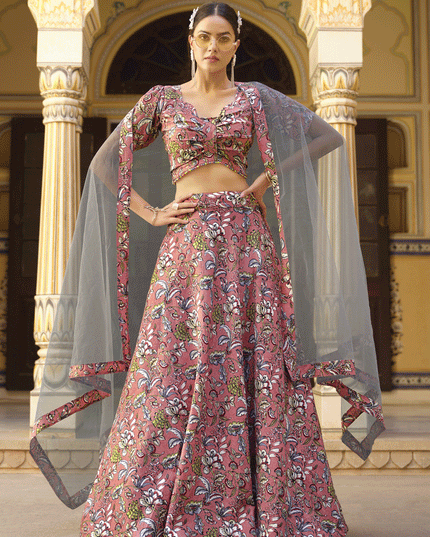Dusty Pink Silk Floral Printed Lehenga Choli