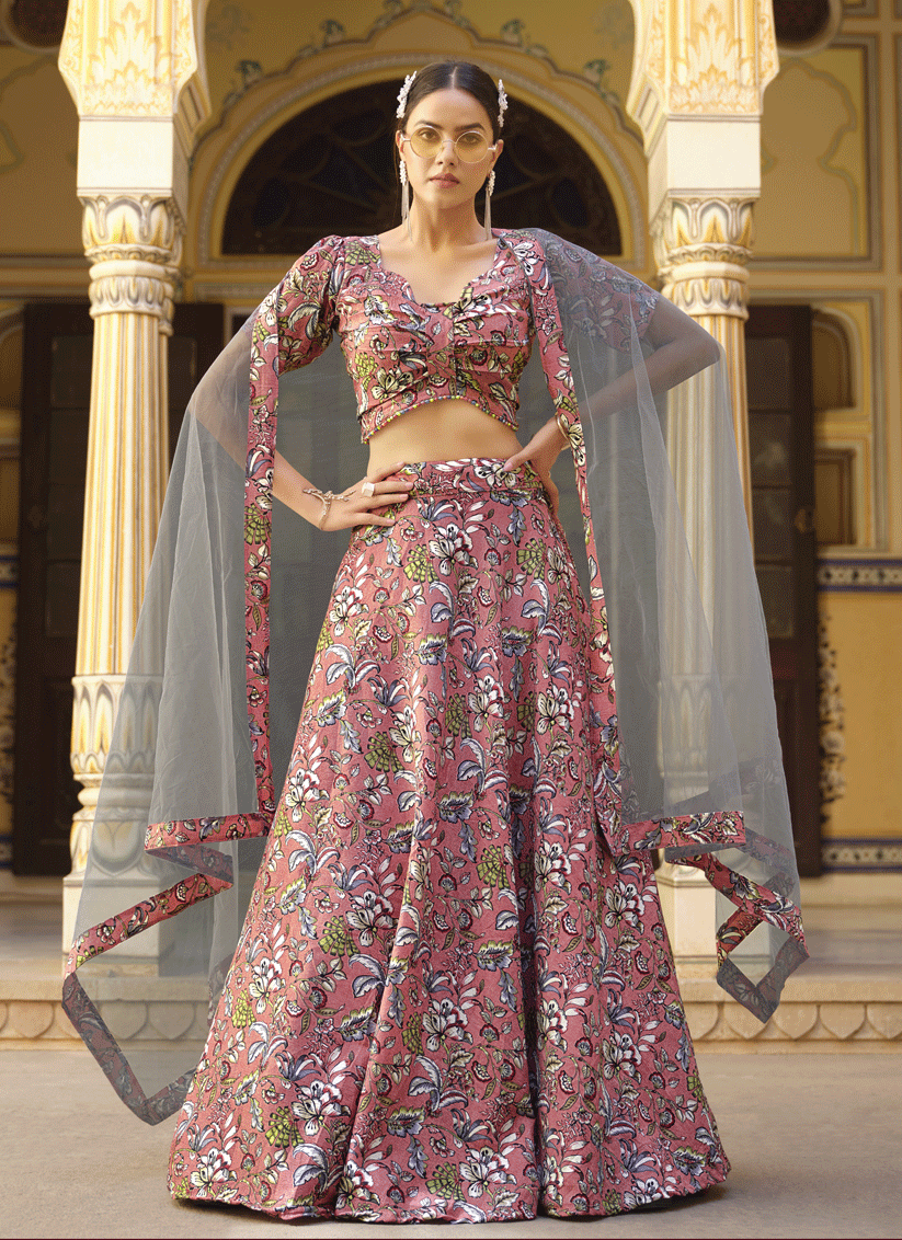 Dusty Pink Silk Floral Printed Lehenga Choli