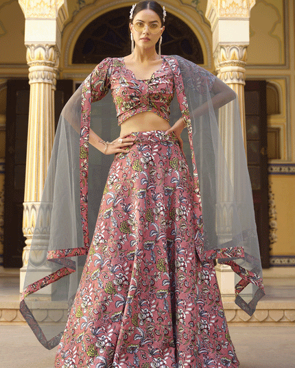 Dusty Pink Silk Floral Printed Lehenga Choli