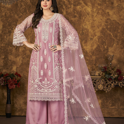 Carnation Pink Net Embroidered Palazzo Kameez