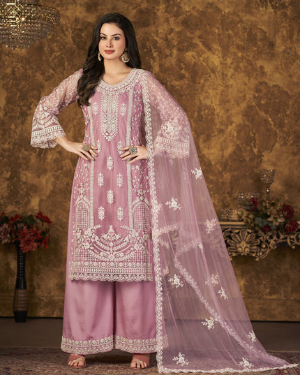 Carnation Pink Net Embroidered Palazzo Kameez