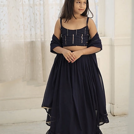 Midnight Blue Faux Georgette Kids Lehenga Choli