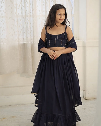Midnight Blue Faux Georgette Kids Lehenga Choli