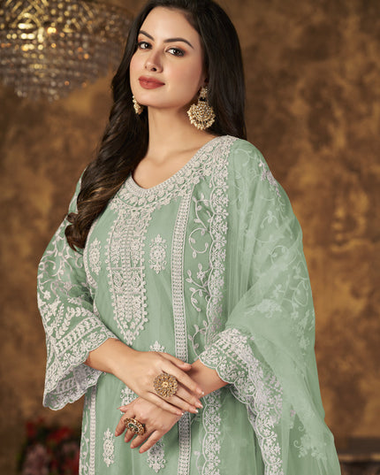 Mint Green Net Embroidered Palazzo Kameez