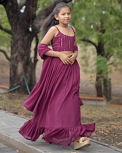 Wine Faux Georgette Kids Lehenga Choli