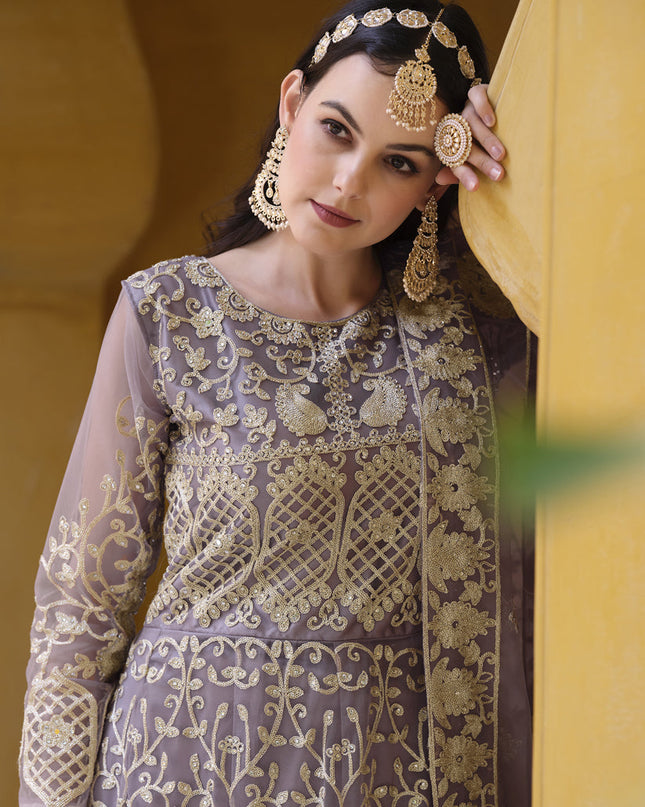 Mauve Net Embroidered Designer Anarkali Suit
