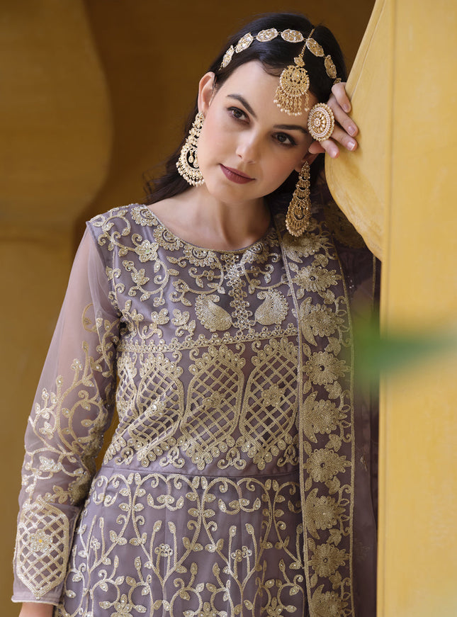 Mauve Net Embroidered Designer Anarkali Suit