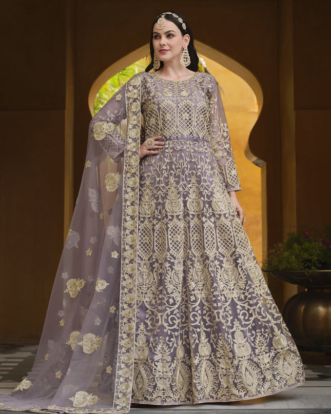 Mauve Net Embroidered Designer Anarkali Suit