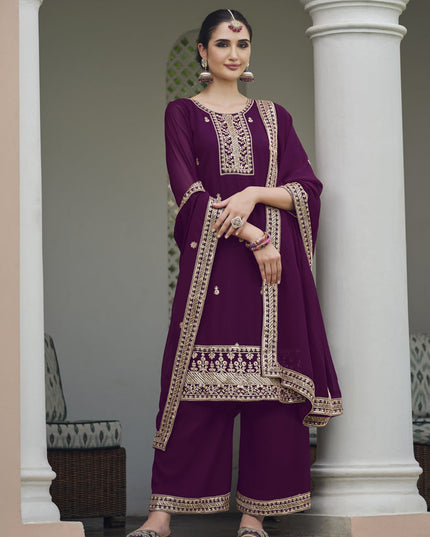 Wine Georgette Heavy Embroidered Palazzo Kameez Suit