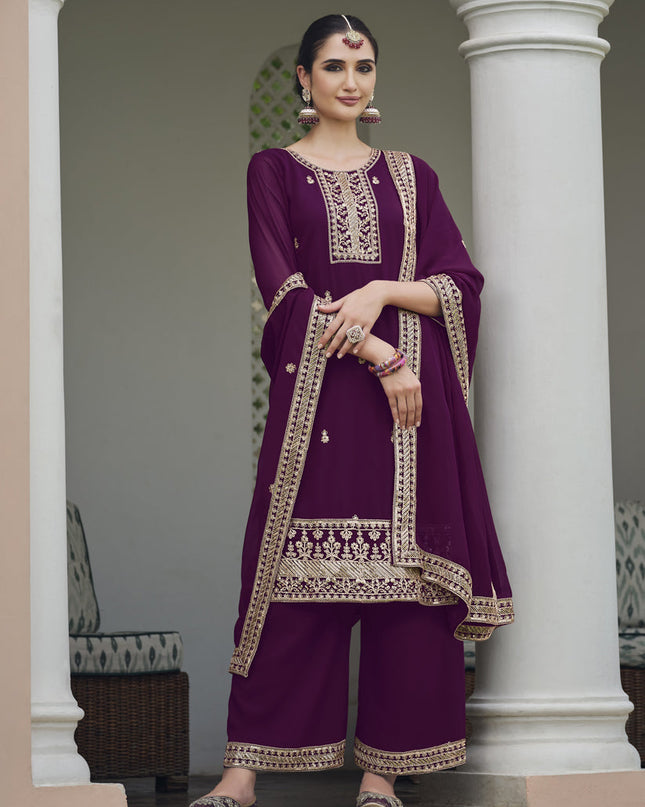 Wine Georgette Heavy Embroidered Palazzo Kameez Suit