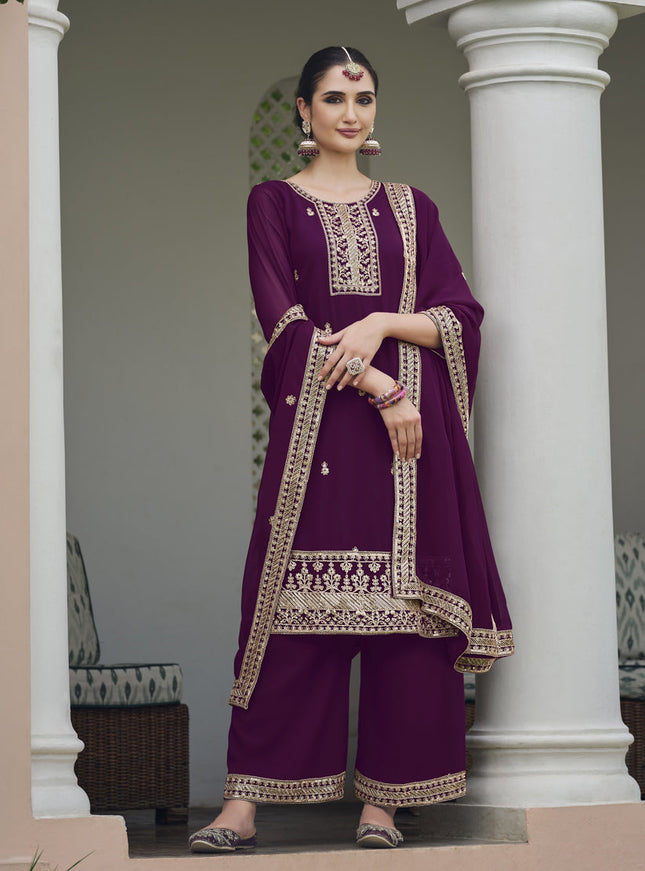 Wine Georgette Heavy Embroidered Palazzo Kameez Suit