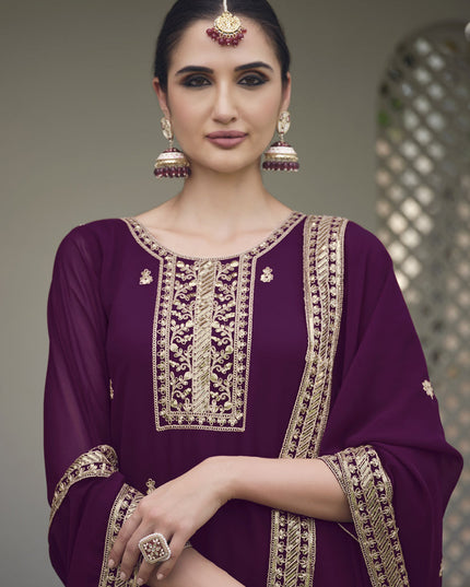 Wine Georgette Heavy Embroidered Palazzo Kameez Suit