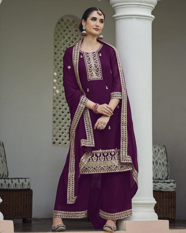 Wine Georgette Heavy Embroidered Palazzo Kameez Suit