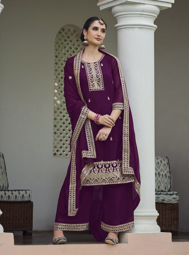 Wine Georgette Heavy Embroidered Palazzo Kameez Suit