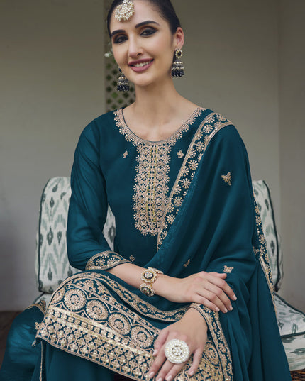 Teal Blue Georgette Heavy Embroidered Palazzo Kameez Suit