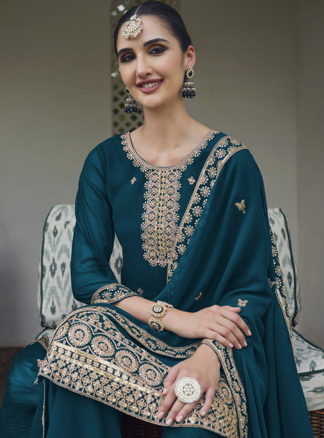 Teal Blue Georgette Heavy Embroidered Palazzo Kameez Suit