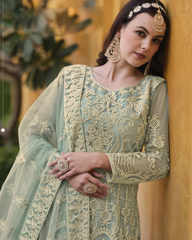 Mint Green Net Embroidered Designer Anarkali Suit