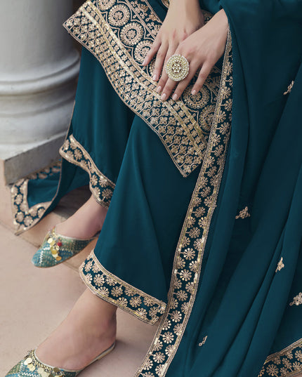 Teal Blue Georgette Heavy Embroidered Palazzo Kameez Suit
