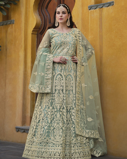 Mint Green Net Embroidered Designer Anarkali Suit