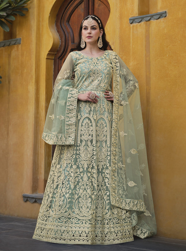 Mint Green Net Embroidered Designer Anarkali Suit