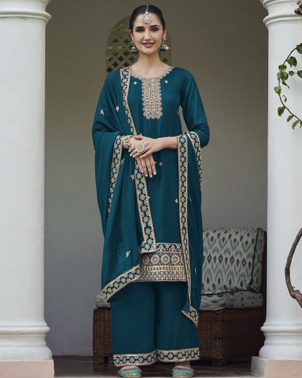 Teal Blue Georgette Heavy Embroidered Palazzo Kameez Suit