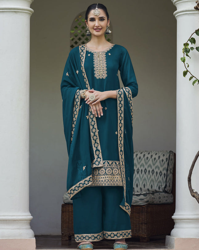 Teal Blue Georgette Heavy Embroidered Palazzo Kameez Suit