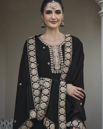 Black Georgette Heavy Embroidered Palazzo Kameez Suit