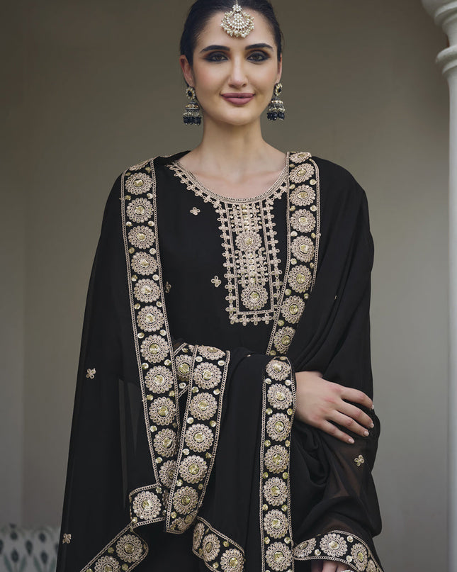 Black Georgette Heavy Embroidered Palazzo Kameez Suit