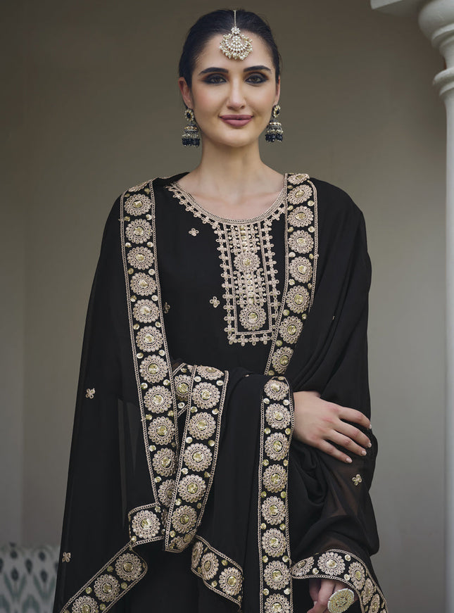 Black Georgette Heavy Embroidered Palazzo Kameez Suit