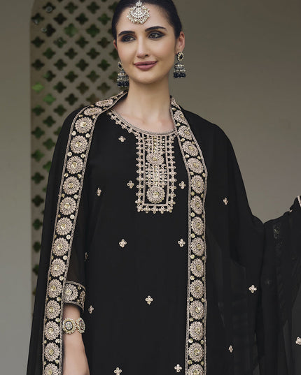 Black Georgette Heavy Embroidered Palazzo Kameez Suit
