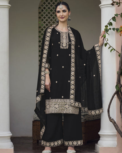 Black Georgette Heavy Embroidered Palazzo Kameez Suit