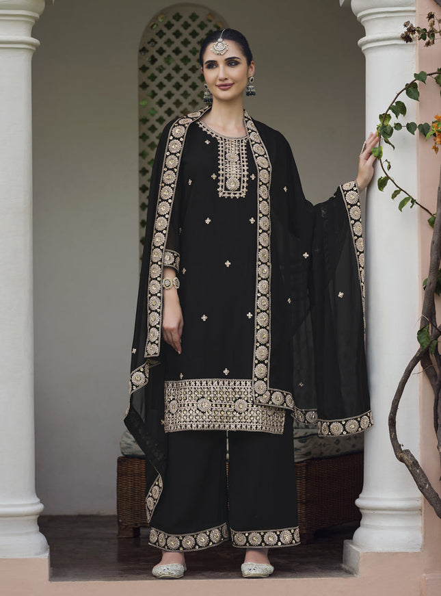 Black Georgette Heavy Embroidered Palazzo Kameez Suit