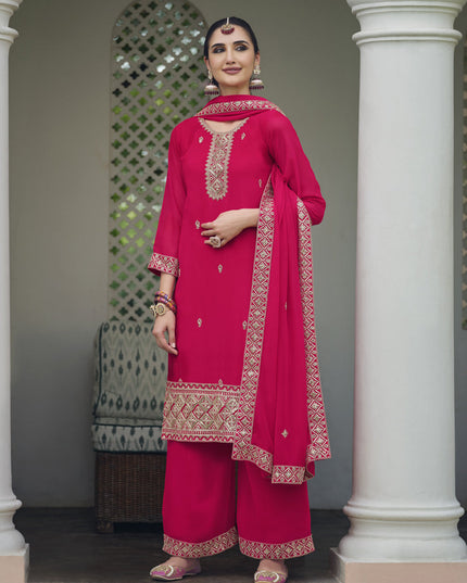 Hot Pink Georgette Heavy Embroidered Palazzo Kameez Suit