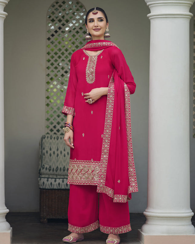 Hot Pink Georgette Heavy Embroidered Palazzo Kameez Suit