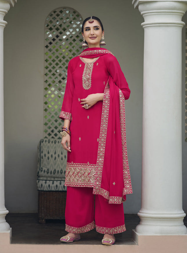 Hot Pink Georgette Heavy Embroidered Palazzo Kameez Suit