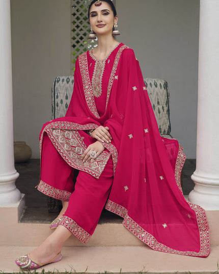 Hot Pink Georgette Heavy Embroidered Palazzo Kameez Suit