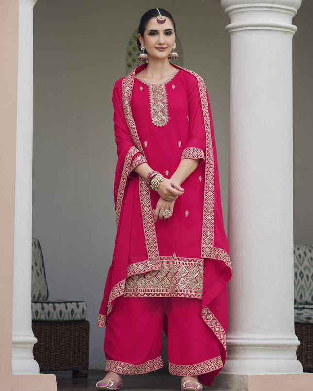 Hot Pink Georgette Heavy Embroidered Palazzo Kameez Suit